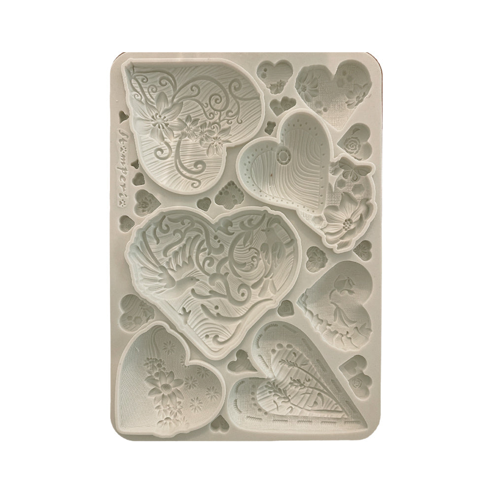 Stamperia Alice in Christmas — Simple Hearts A5 Silicon Mould | Ornate Vintage Heart Embellishments