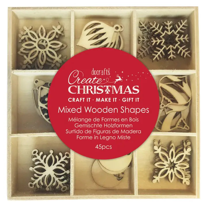 Wooden shapes Baubles and Flakes, 45 pieces.