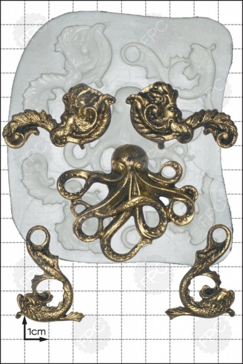 Octopus & Scrolls Silicone Mold — Sea Creature & Ornate Scrolls by FPC Sugarcraft