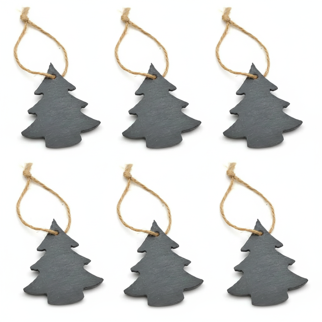 Six slate Christmas tree ornaments arranged in a grid