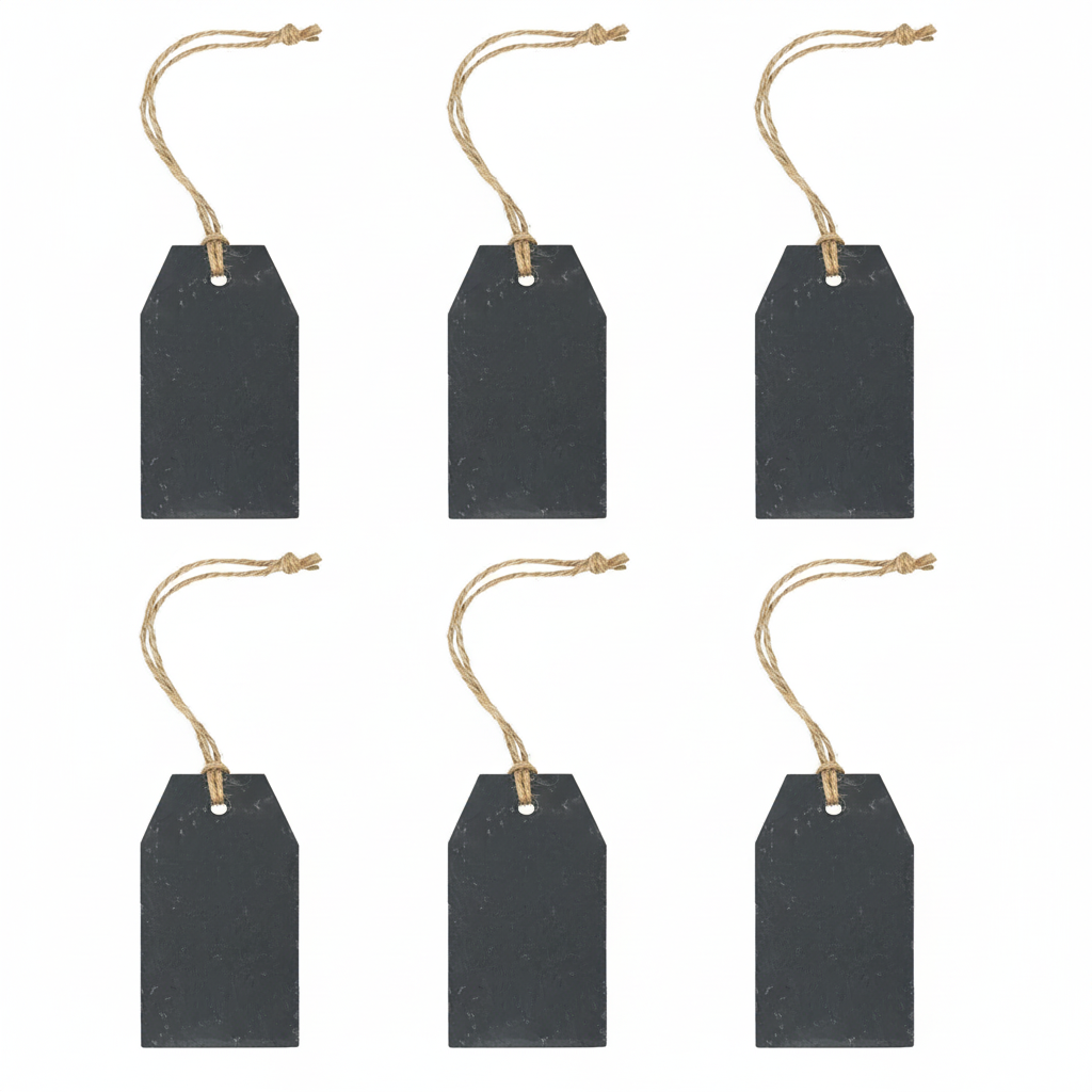 Six slate gift tags arranged in two rows with jute loops