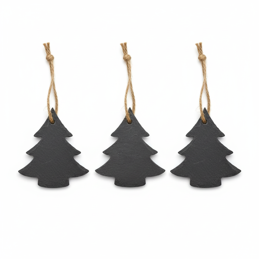 Three slate Christmas tree ornaments in a row