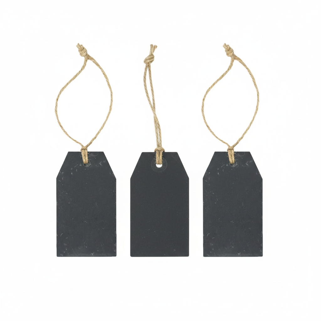 Three slate gift tags in a row with jute loops